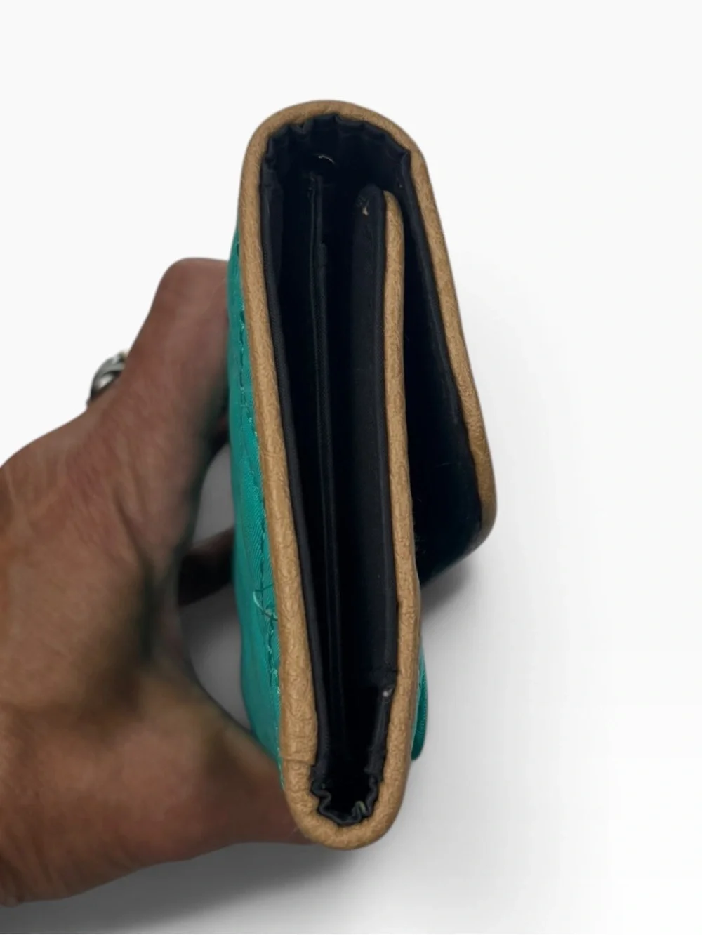 Nicole Miller Teal Quilted Wallet Tri Fold Fabric Wallet with Gold Plate